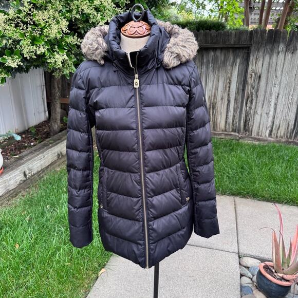 Michael Michael Kors Black Puffer Jacket Hooded Down Fill Women's Medium - Picture 1 of 11